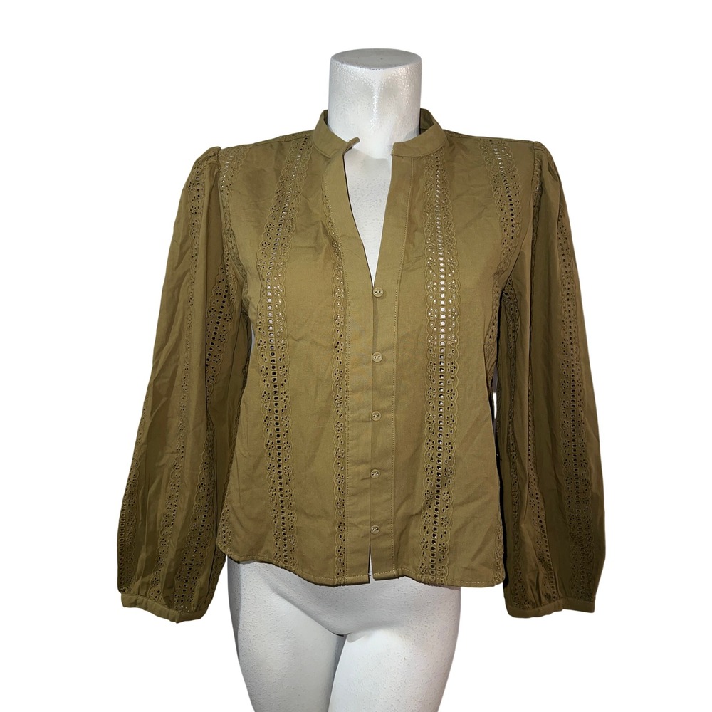 Zara Womens Eyelet Embroidered Puff Sleeve Cotton Blouse Olive Mustard Large NEW